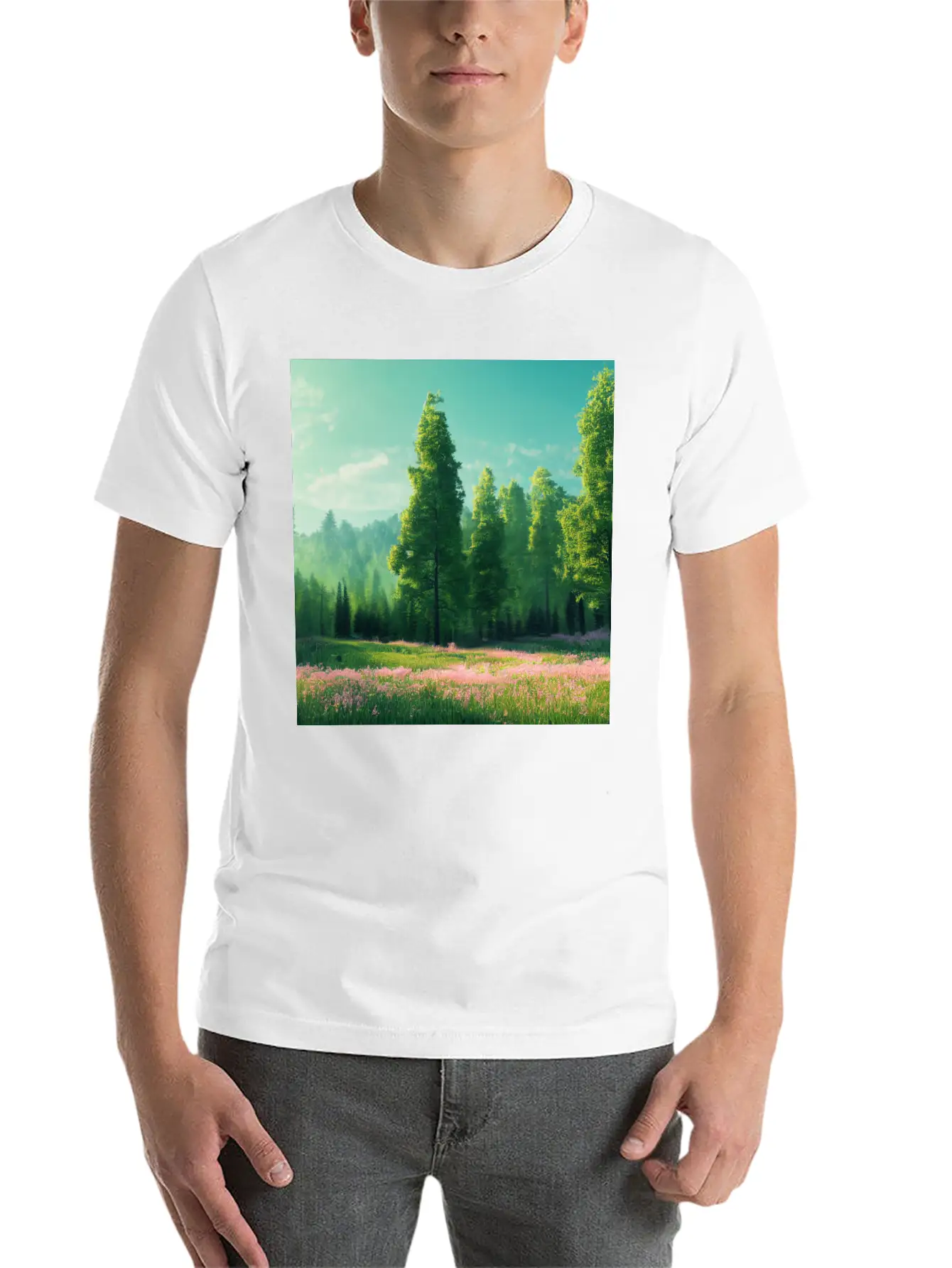 Spring Landscape With Flower Meadow And Forest In Stylish Everyday T-Shirt – Unisex Basic Cotton Tee
