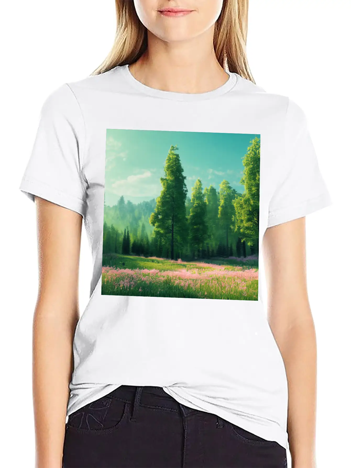 Spring Landscape With Flower Meadow And Forest In Stylish Everyday T-Shirt – Unisex Basic Cotton Tee