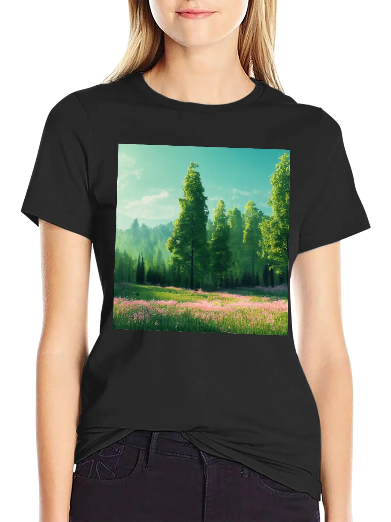 Spring Landscape With Flower Meadow And Forest In Stylish Everyday T-Shirt – Unisex Basic Cotton Tee