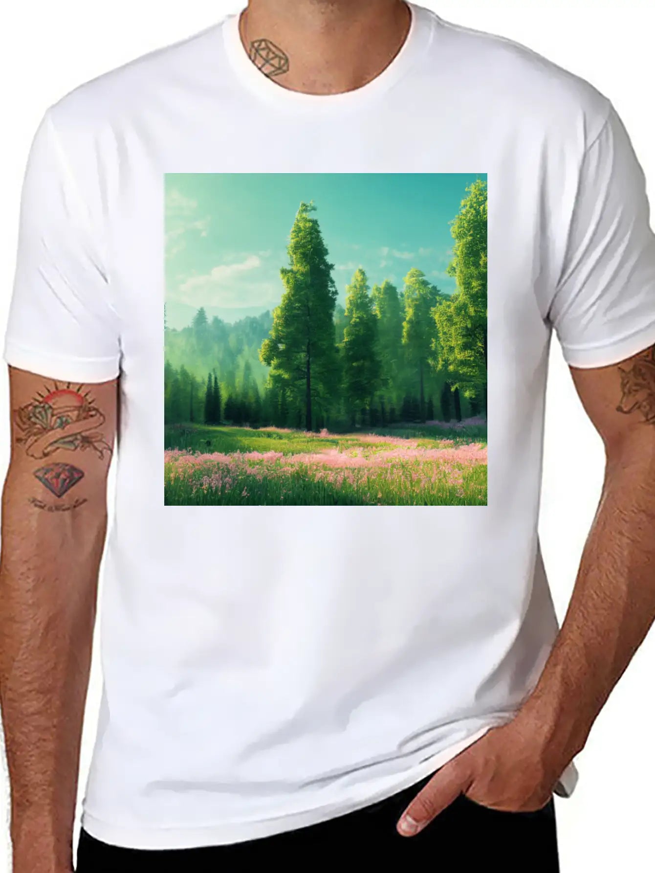Spring Landscape With Flower Meadow And Forest In Stylish Everyday T-Shirt – Unisex Basic Cotton Tee