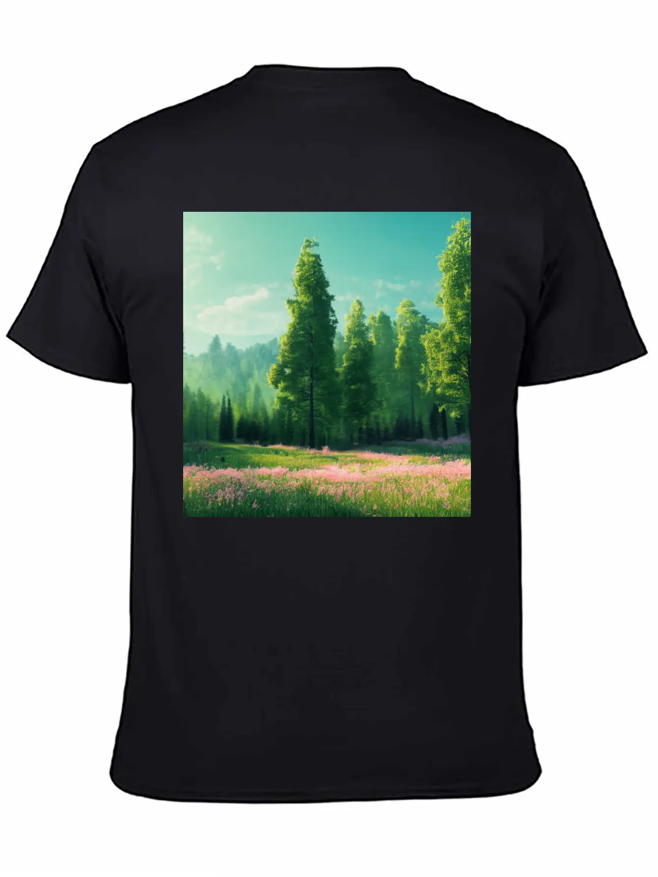 Spring Landscape With Flower Meadow And Forest In Stylish Everyday T-Shirt – Unisex Basic Cotton Tee