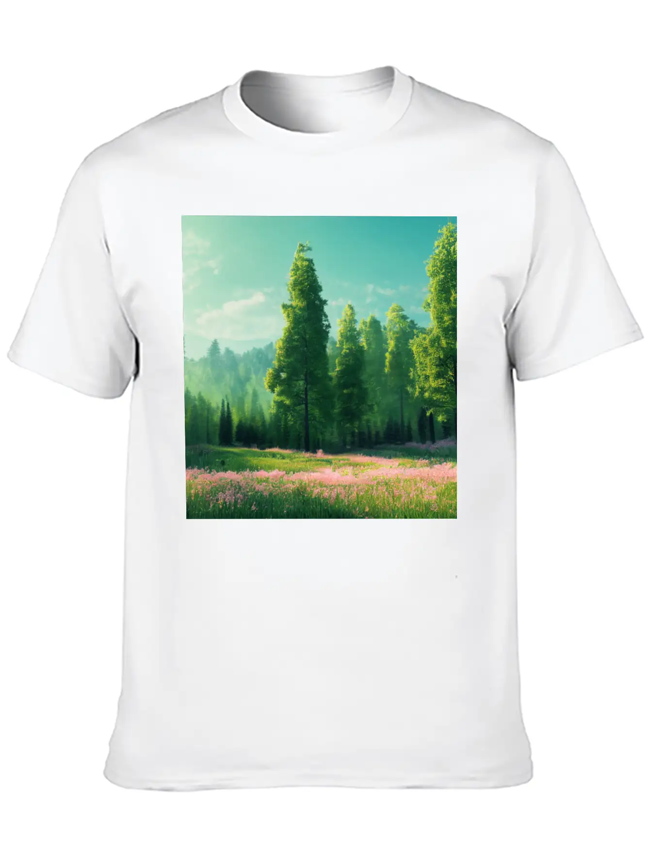Spring Landscape With Flower Meadow And Forest In Stylish Everyday T-Shirt – Unisex Basic Cotton Tee
