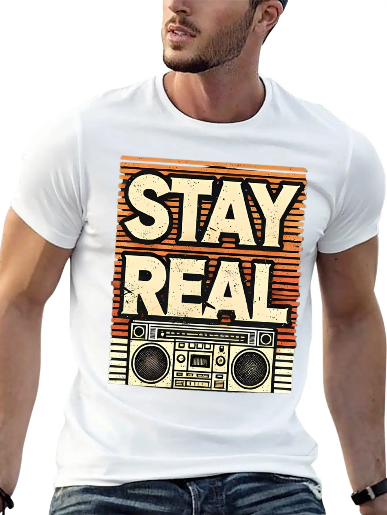 Stay Real – Retro Boombox Streetwear Design Lightweight Cotton T-Shirt – Daily Comfort Graphic Shirt