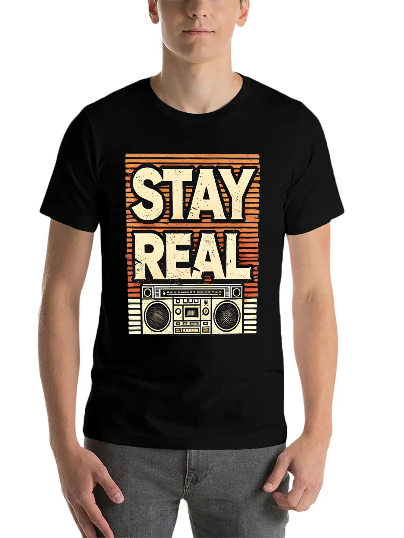 Stay Real – Retro Boombox Streetwear Design Lightweight Cotton T-Shirt – Daily Comfort Graphic Shirt