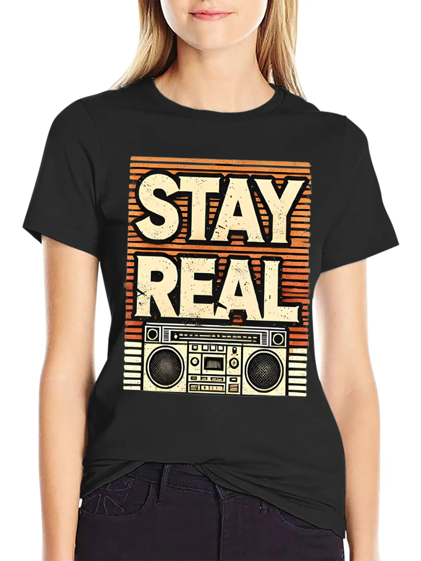 Stay Real – Retro Boombox Streetwear Design Lightweight Cotton T-Shirt – Daily Comfort Graphic Shirt