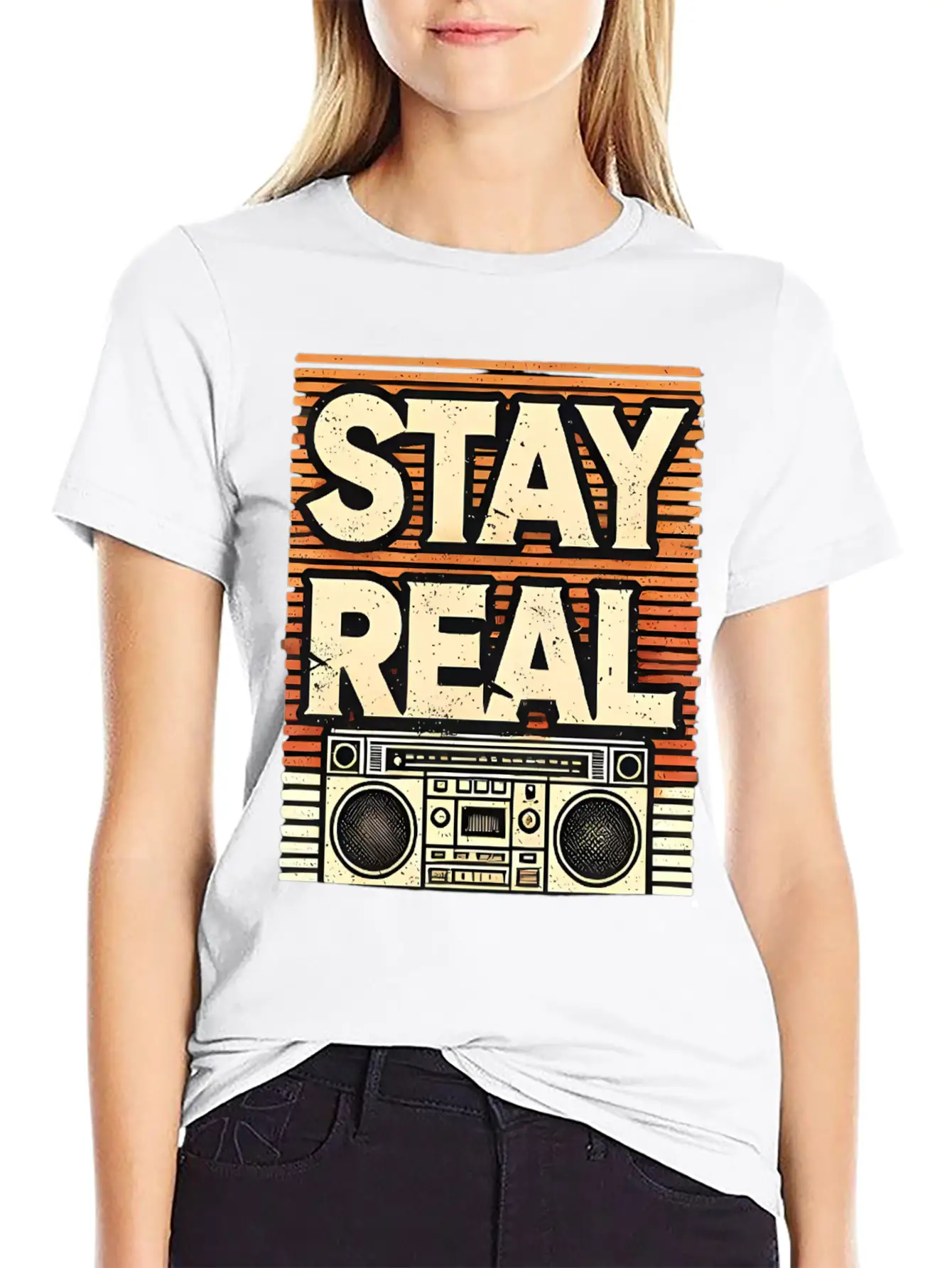 Stay Real – Retro Boombox Streetwear Design Lightweight Cotton T-Shirt – Daily Comfort Graphic Shirt