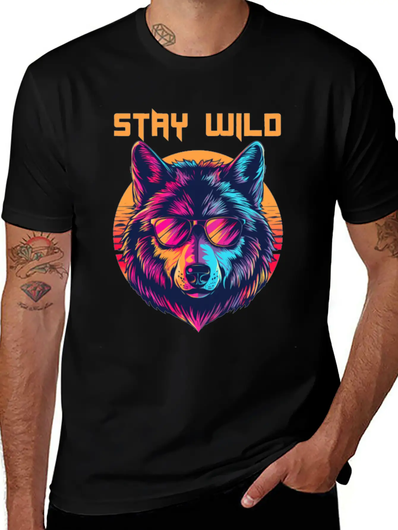 Stay Wild Wolf Colorful Retro Animal Sunglasses Essential Cotton Tee For Daily Outfits – Unisex Style