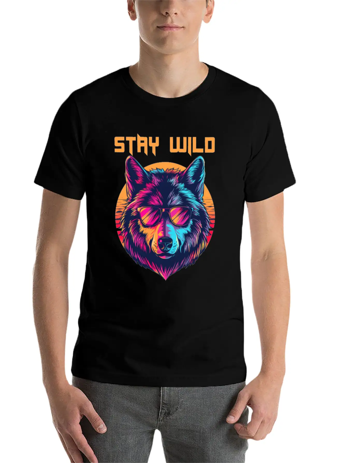 Stay Wild Wolf Colorful Retro Animal Sunglasses Essential Cotton Tee For Daily Outfits – Unisex Style