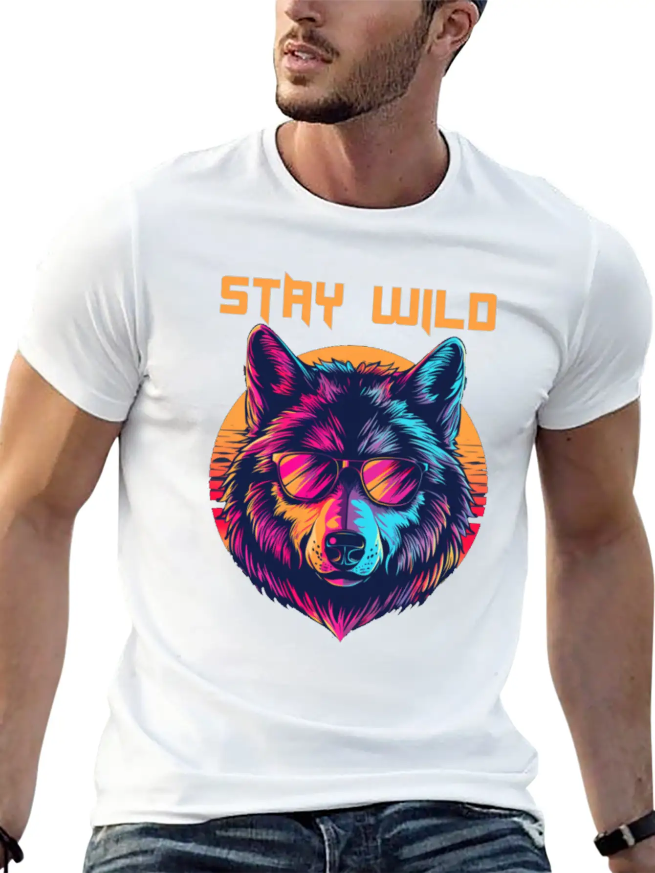 Stay Wild Wolf Colorful Retro Animal Sunglasses Essential Cotton Tee For Daily Outfits – Unisex Style