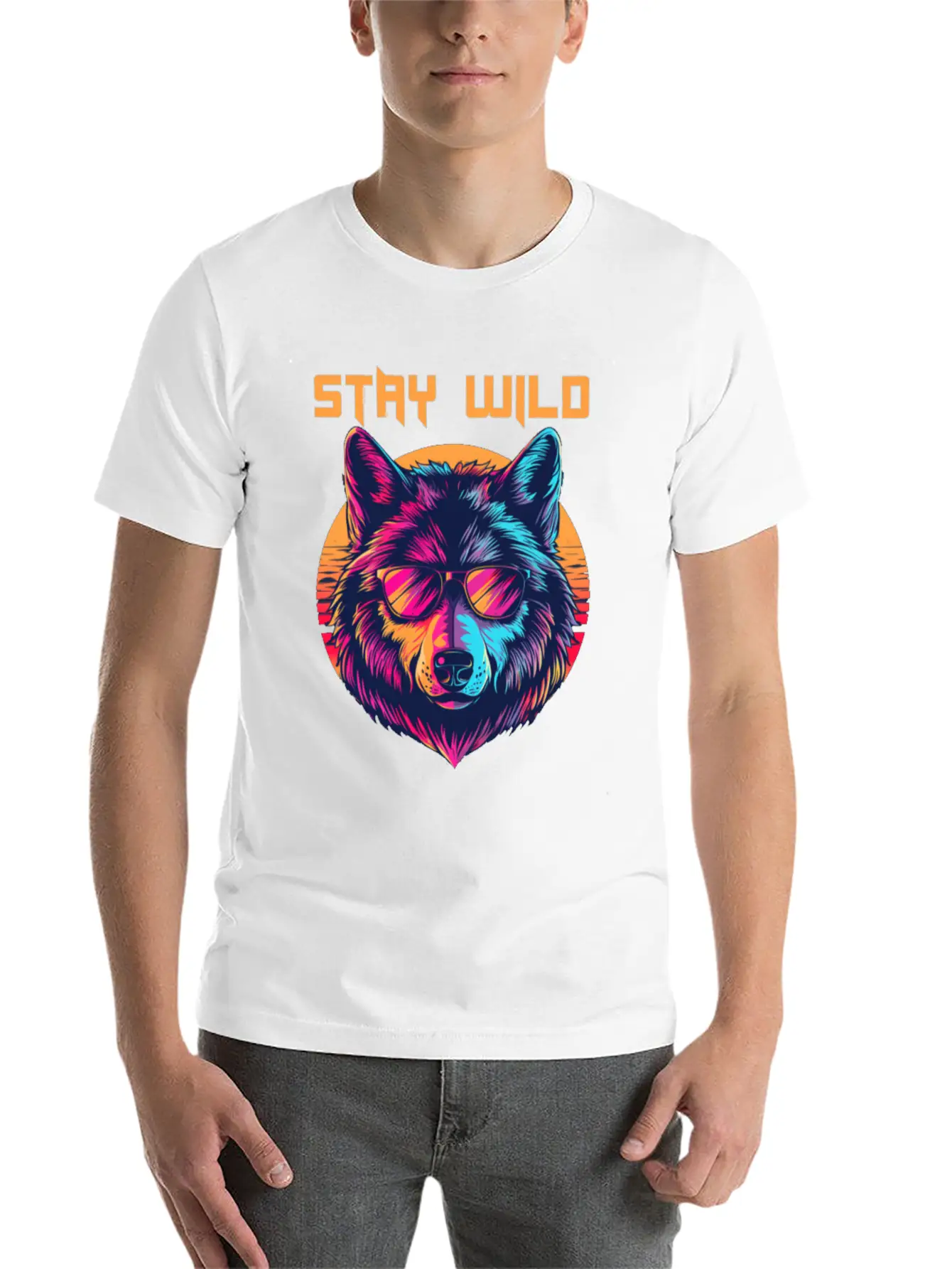 Stay Wild Wolf Colorful Retro Animal Sunglasses Essential Cotton Tee For Daily Outfits – Unisex Style