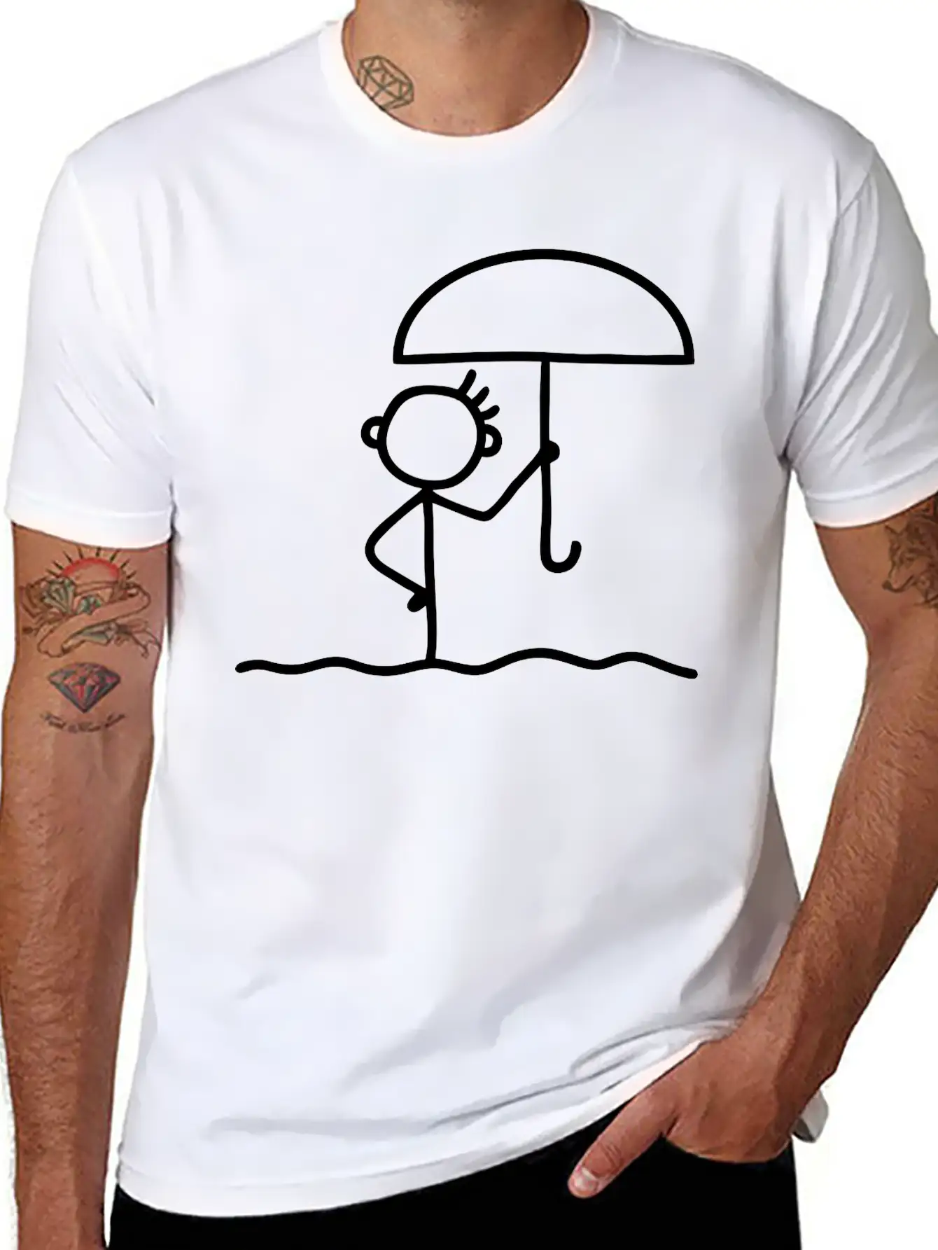 Stick Figure With Umbrella Essential Cotton Tee For Daily Outfits – Unisex Style