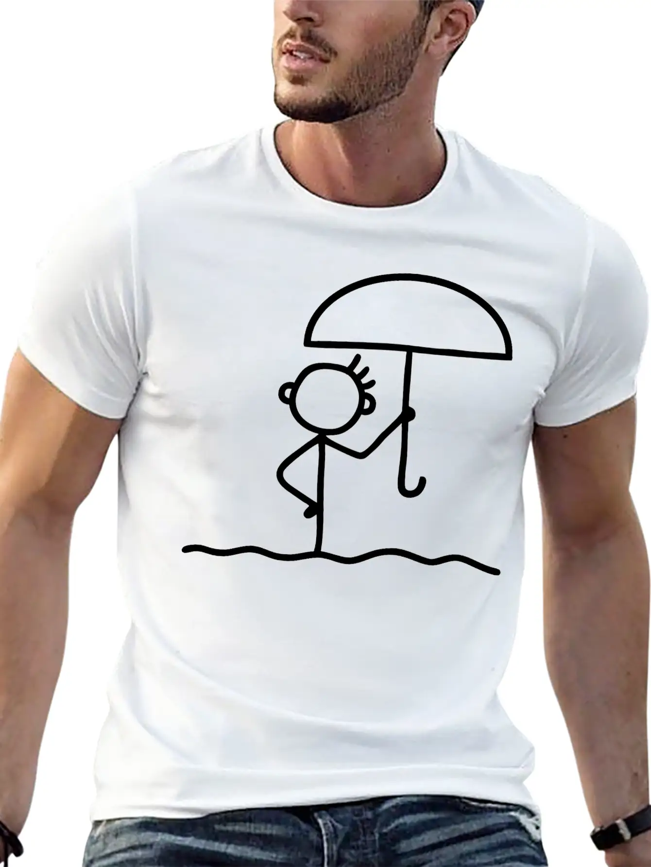Stick Figure With Umbrella Essential Cotton Tee For Daily Outfits – Unisex Style