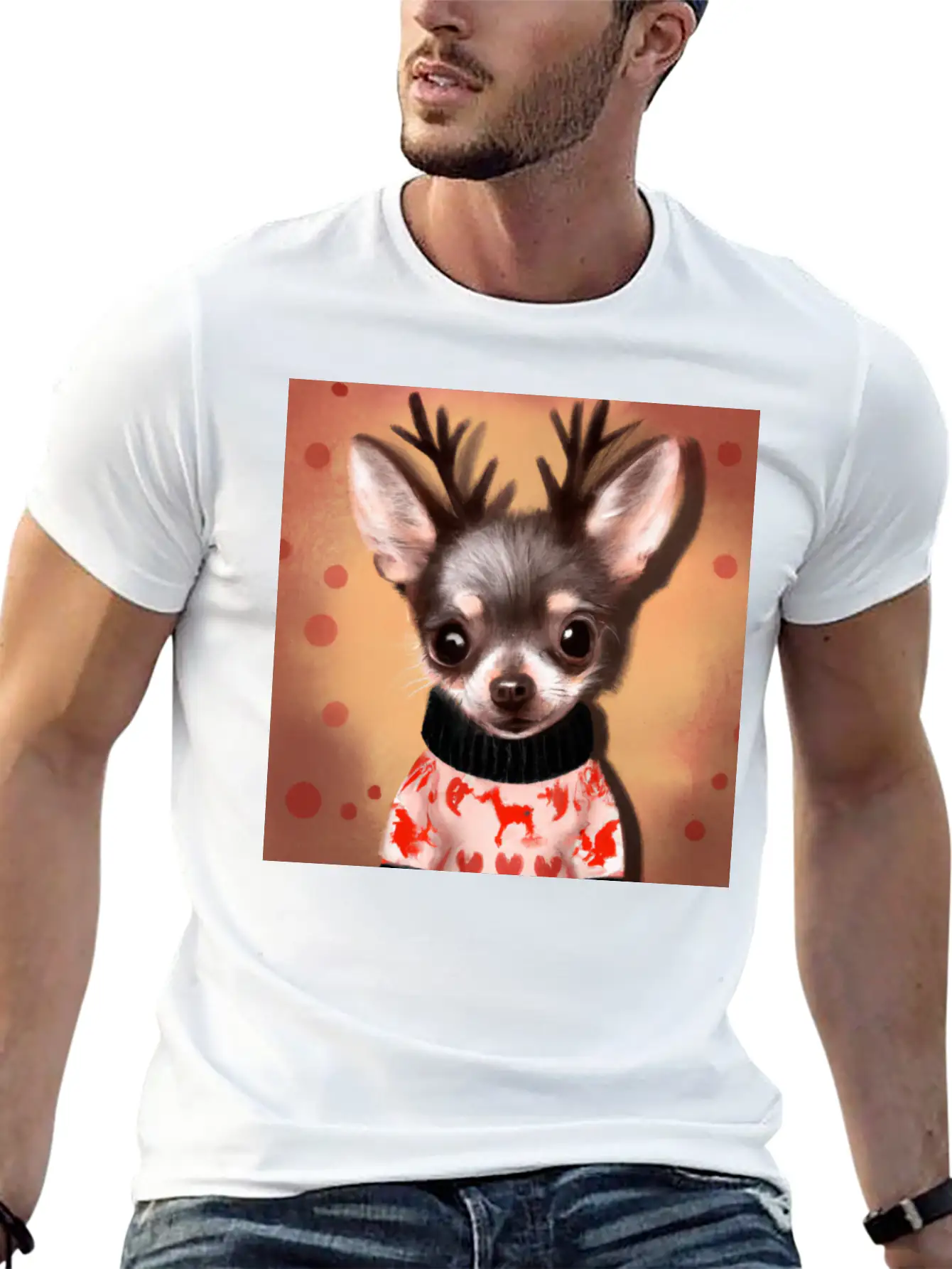 Sweet Happy, Dog Chihuahua In A Christmas Sweater Basic Graphic T-Shirt – Daily Comfort In Soft Cotton
