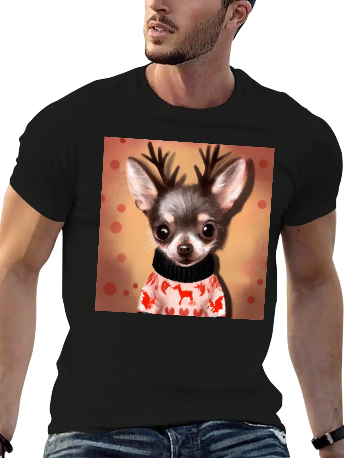 Sweet Happy, Dog Chihuahua In A Christmas Sweater Basic Graphic T-Shirt – Daily Comfort In Soft Cotton