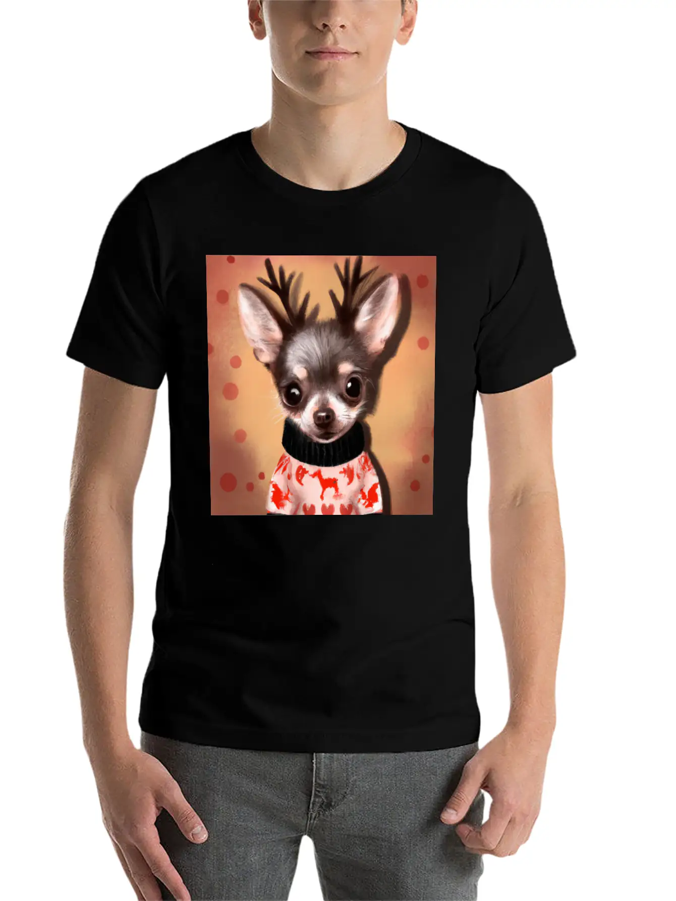 Sweet Happy, Dog Chihuahua In A Christmas Sweater Basic Graphic T-Shirt – Daily Comfort In Soft Cotton
