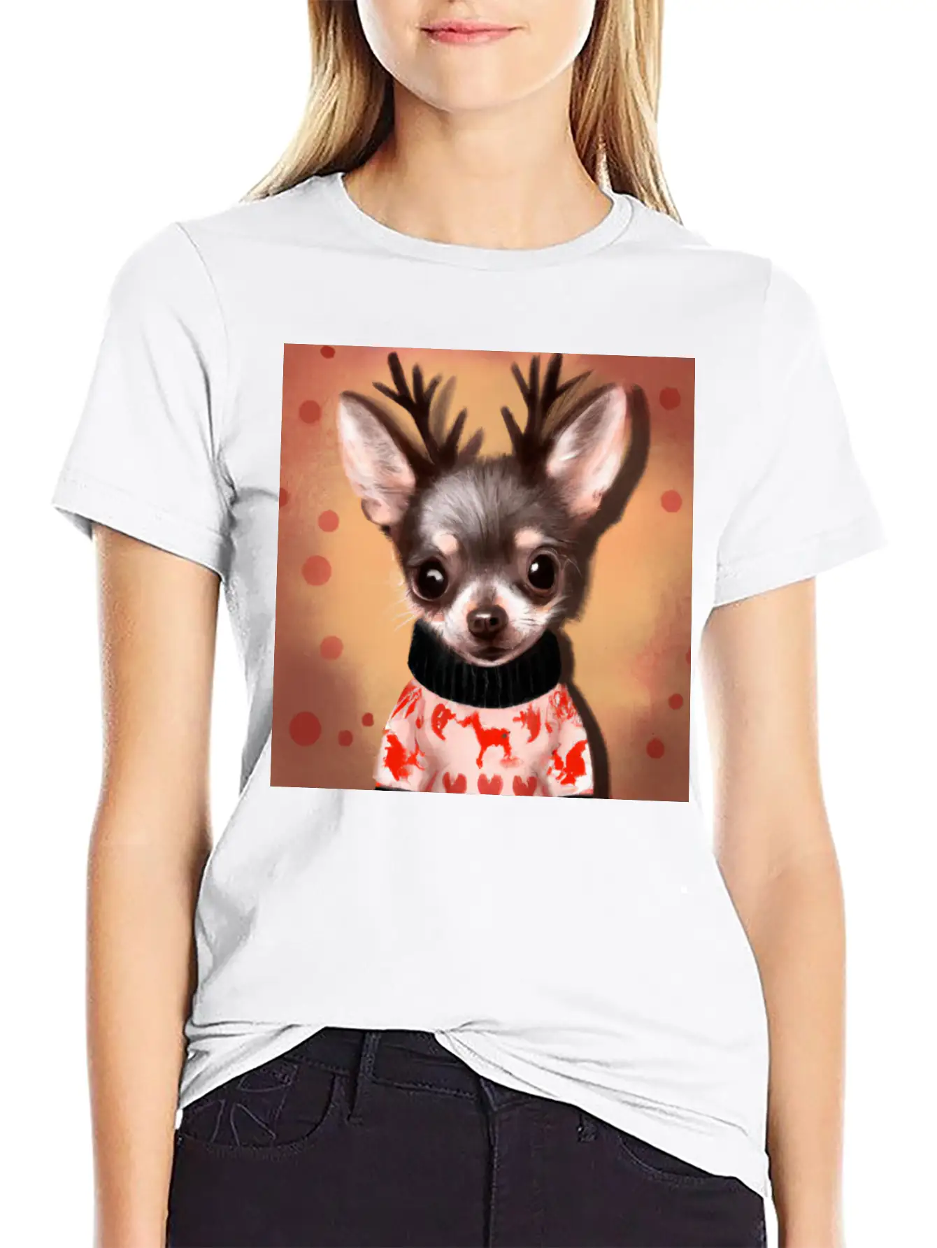Sweet Happy, Dog Chihuahua In A Christmas Sweater Basic Graphic T-Shirt – Daily Comfort In Soft Cotton
