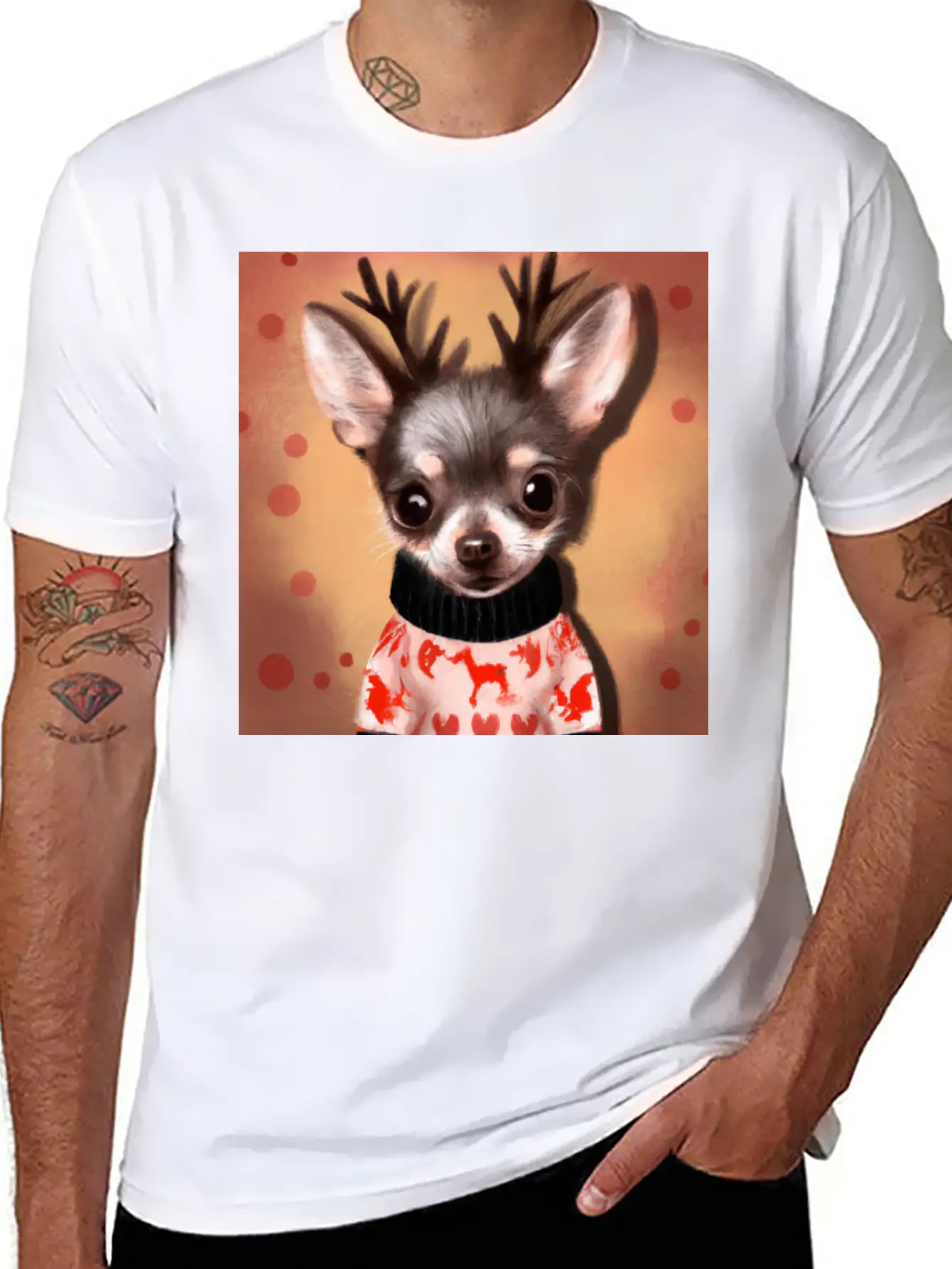 Sweet Happy, Dog Chihuahua In A Christmas Sweater Basic Graphic T-Shirt – Daily Comfort In Soft Cotton