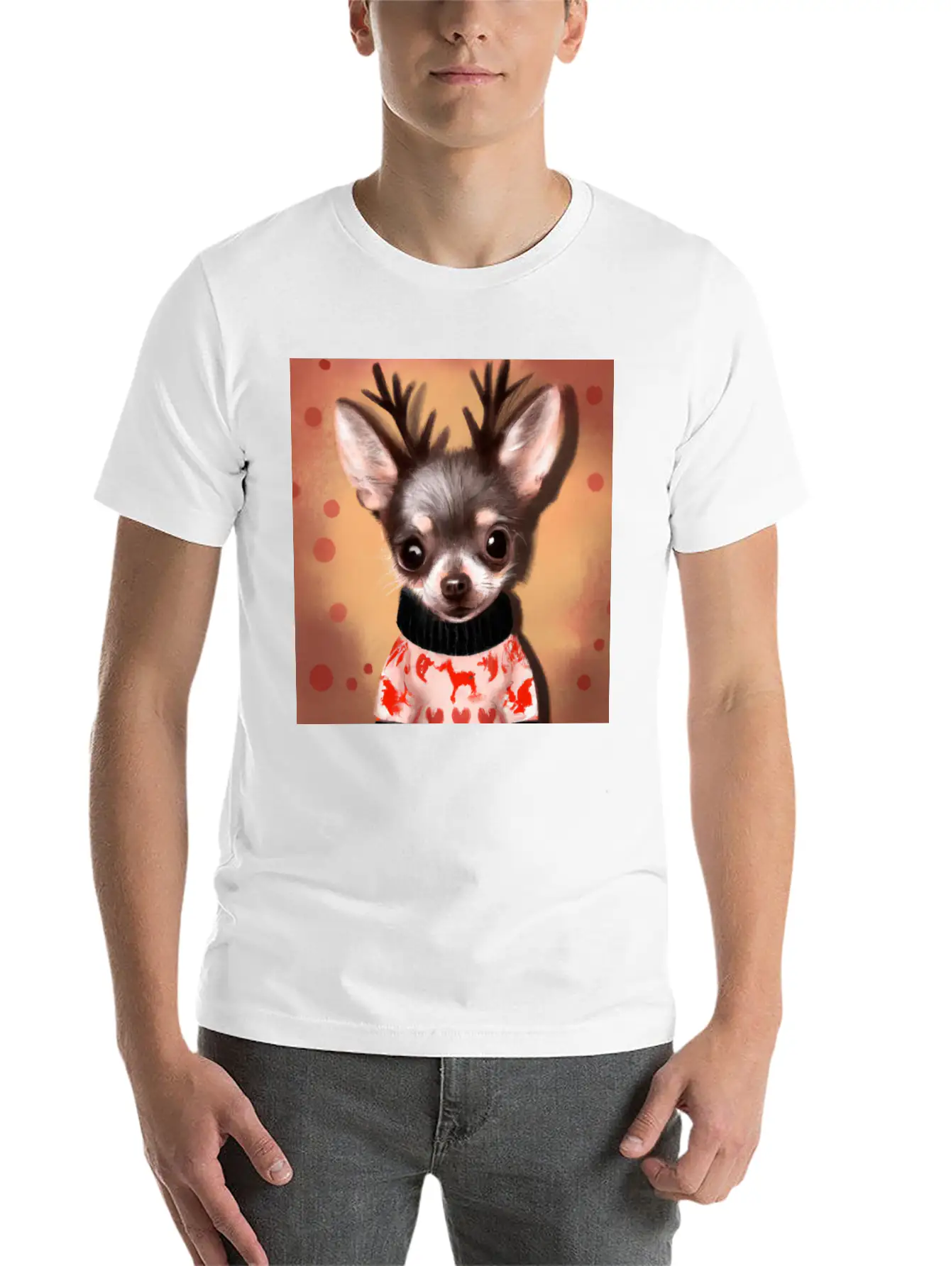 Sweet Happy, Dog Chihuahua In A Christmas Sweater Basic Graphic T-Shirt – Daily Comfort In Soft Cotton