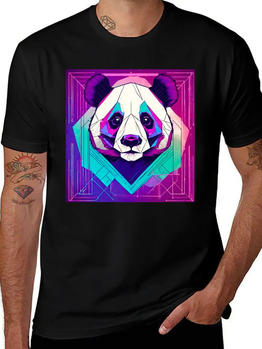 Synthwave Neon Geo Panda Essential Cotton Tee For Daily Outfits – Unisex Style
