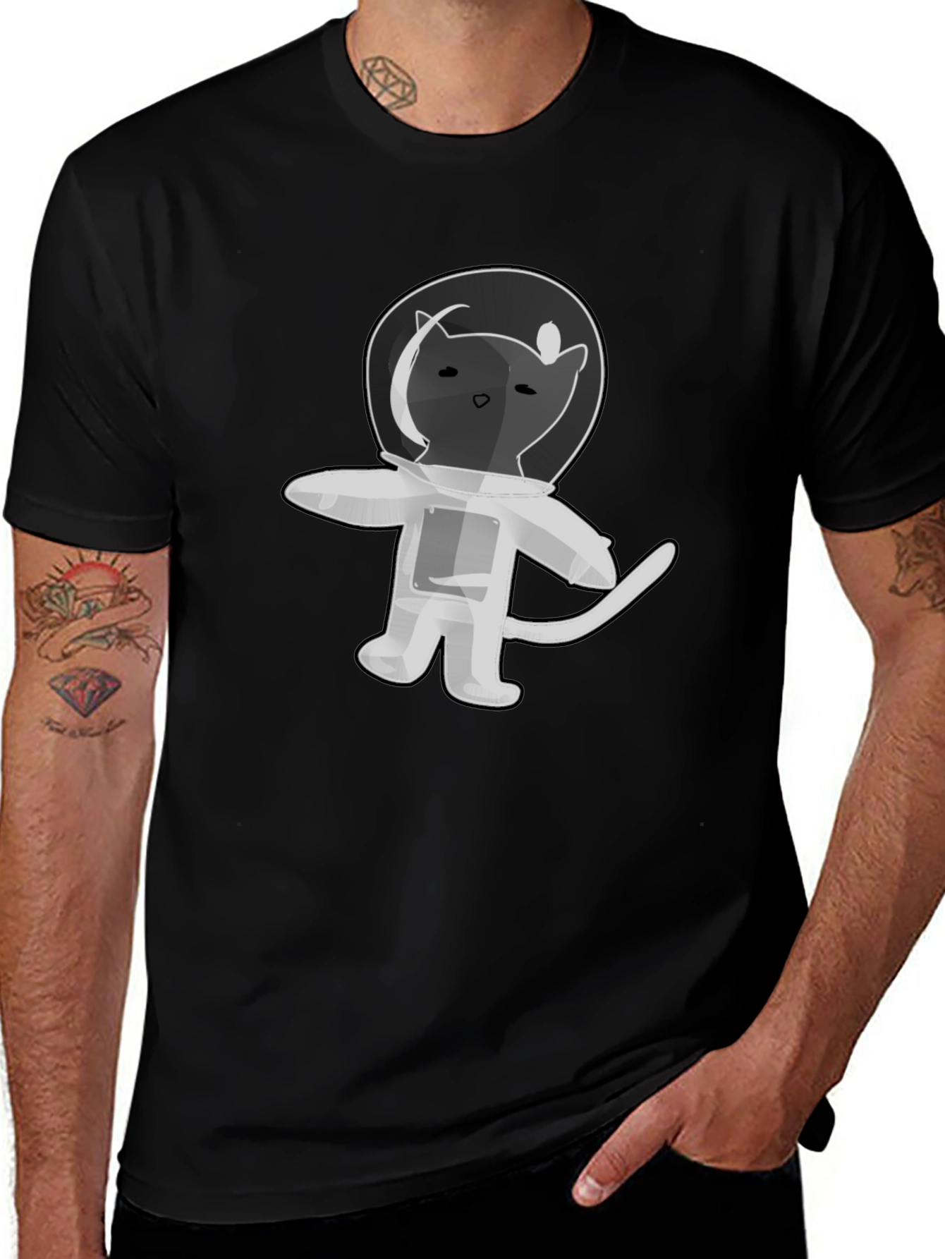 Astronaut Cat T-Shirt - Black Cotton Graphic Tee