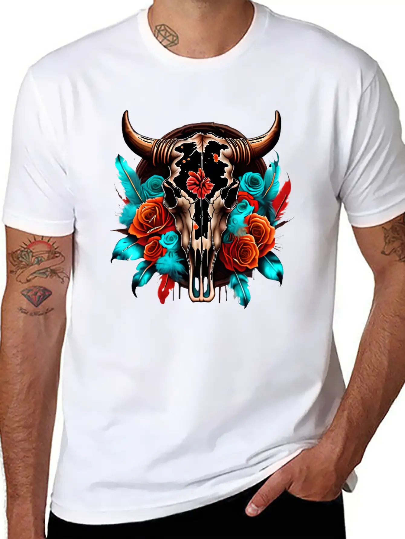 Teal Cow Skull Floral Soft Cotton Short Sleeve Tee – Unisex Wardrobe Staple