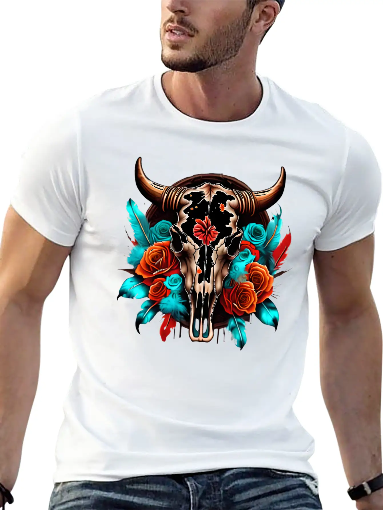 Teal Cow Skull Floral Soft Cotton Short Sleeve Tee – Unisex Wardrobe Staple