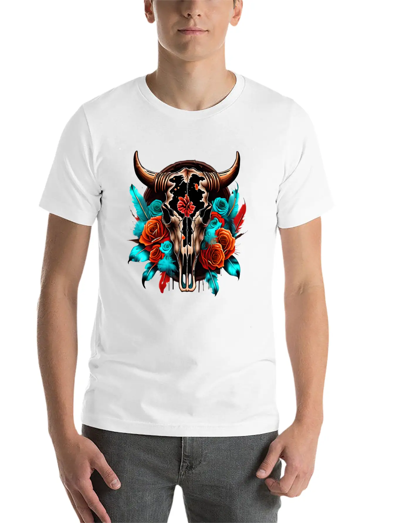 Teal Cow Skull Floral Soft Cotton Short Sleeve Tee – Unisex Wardrobe Staple