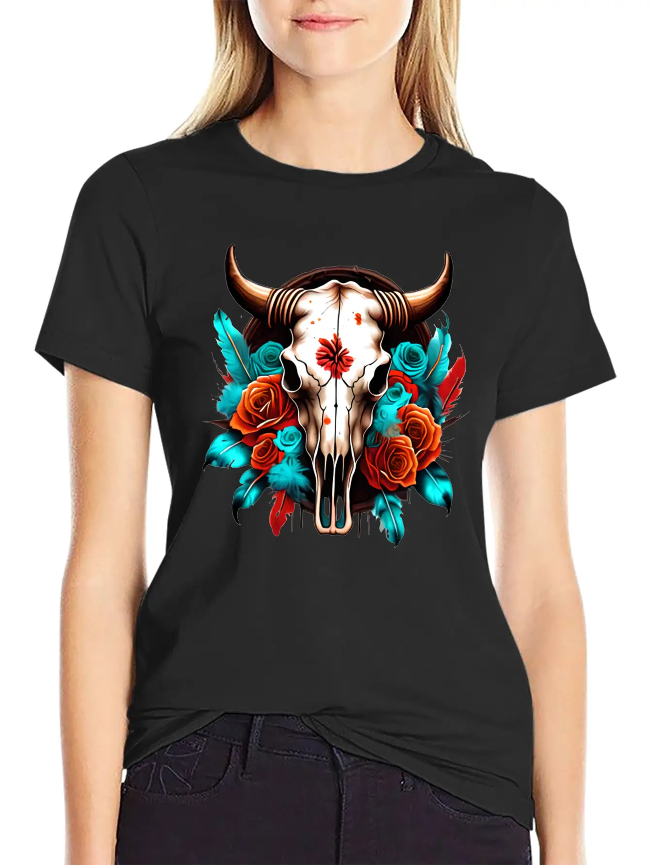 Teal Cow Skull Floral Soft Cotton Short Sleeve Tee – Unisex Wardrobe Staple