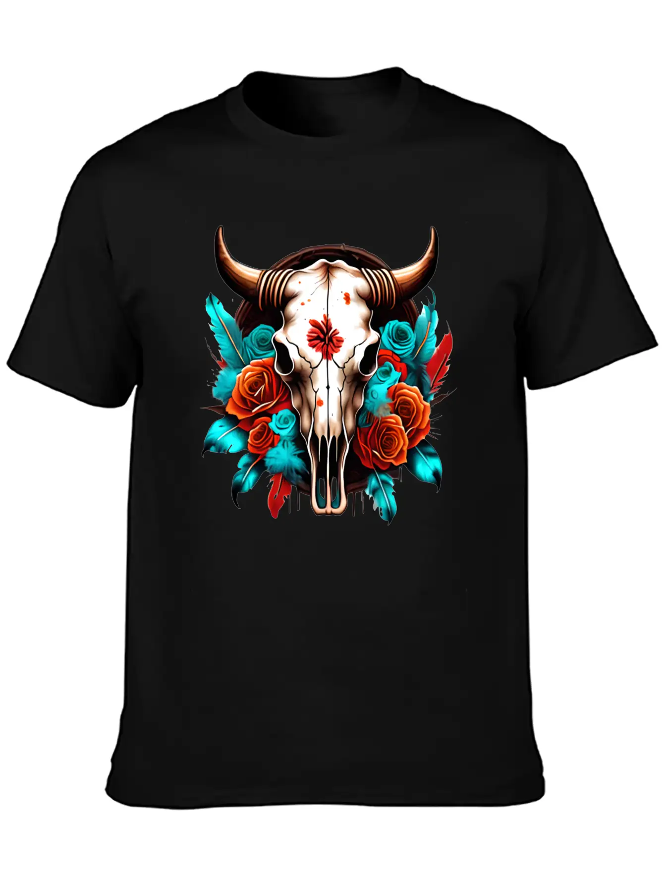 Teal Cow Skull Floral Soft Cotton Short Sleeve Tee – Unisex Wardrobe Staple