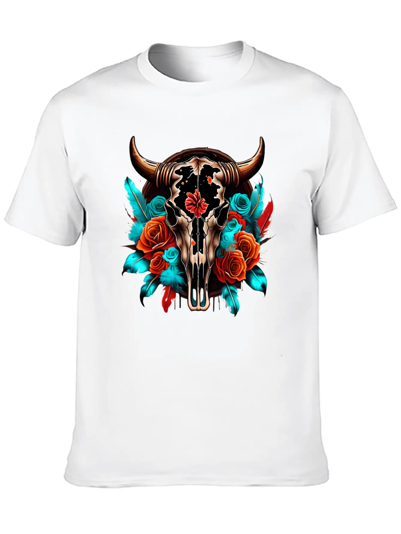Teal Cow Skull Floral Soft Cotton Short Sleeve Tee – Unisex Wardrobe Staple