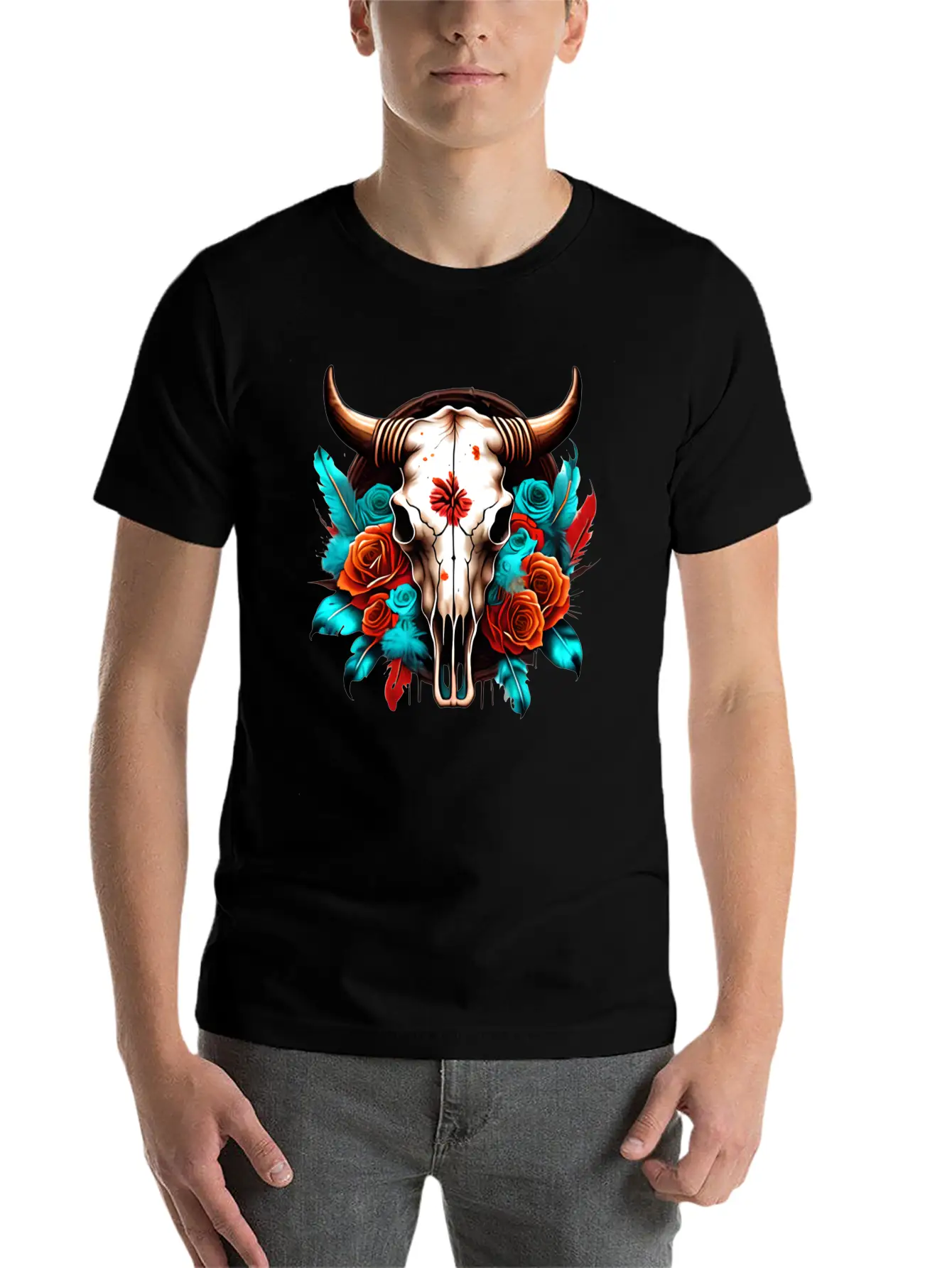Teal Cow Skull Floral Soft Cotton Short Sleeve Tee – Unisex Wardrobe Staple