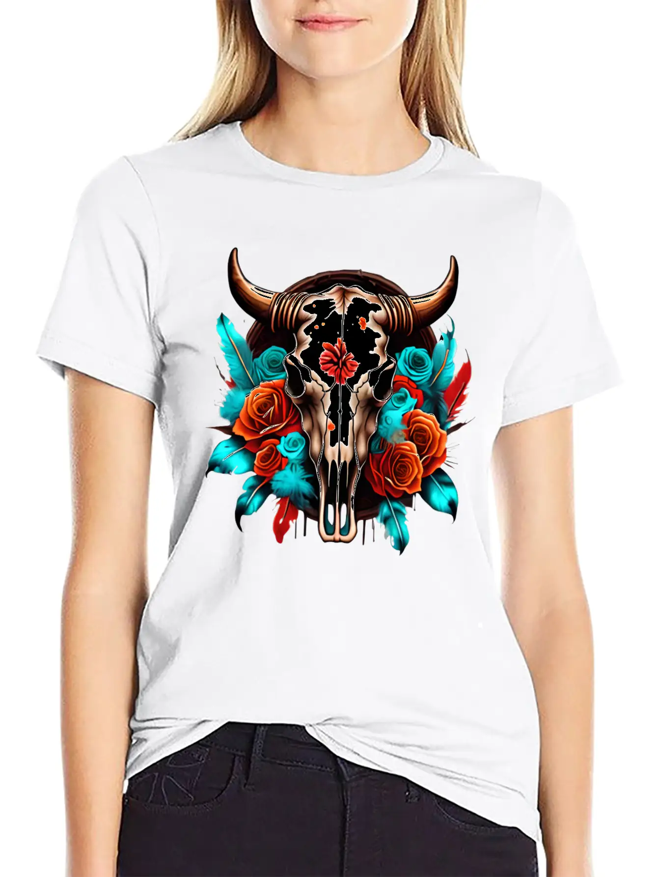 Teal Cow Skull Floral Soft Cotton Short Sleeve Tee – Unisex Wardrobe Staple