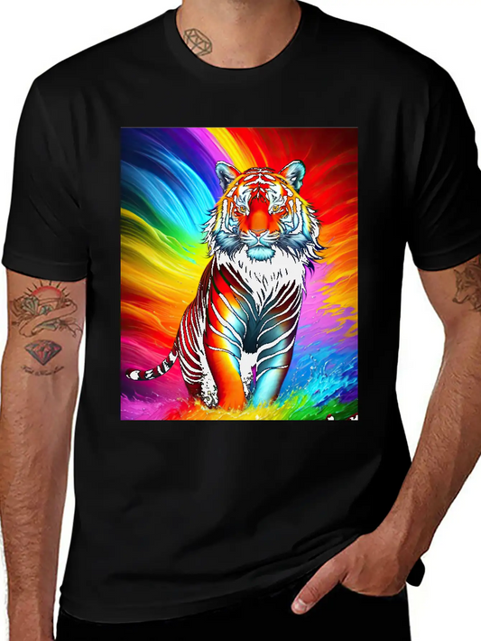 Tiger With Rainbow Splashes Of Colors Lightweight Cotton T-Shirt – Daily Comfort Graphic Shirt