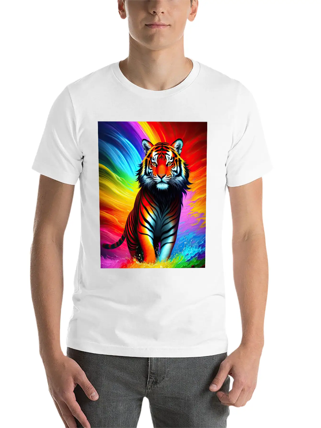 Tiger With Rainbow Splashes Of Colors Lightweight Cotton T-Shirt – Daily Comfort Graphic Shirt