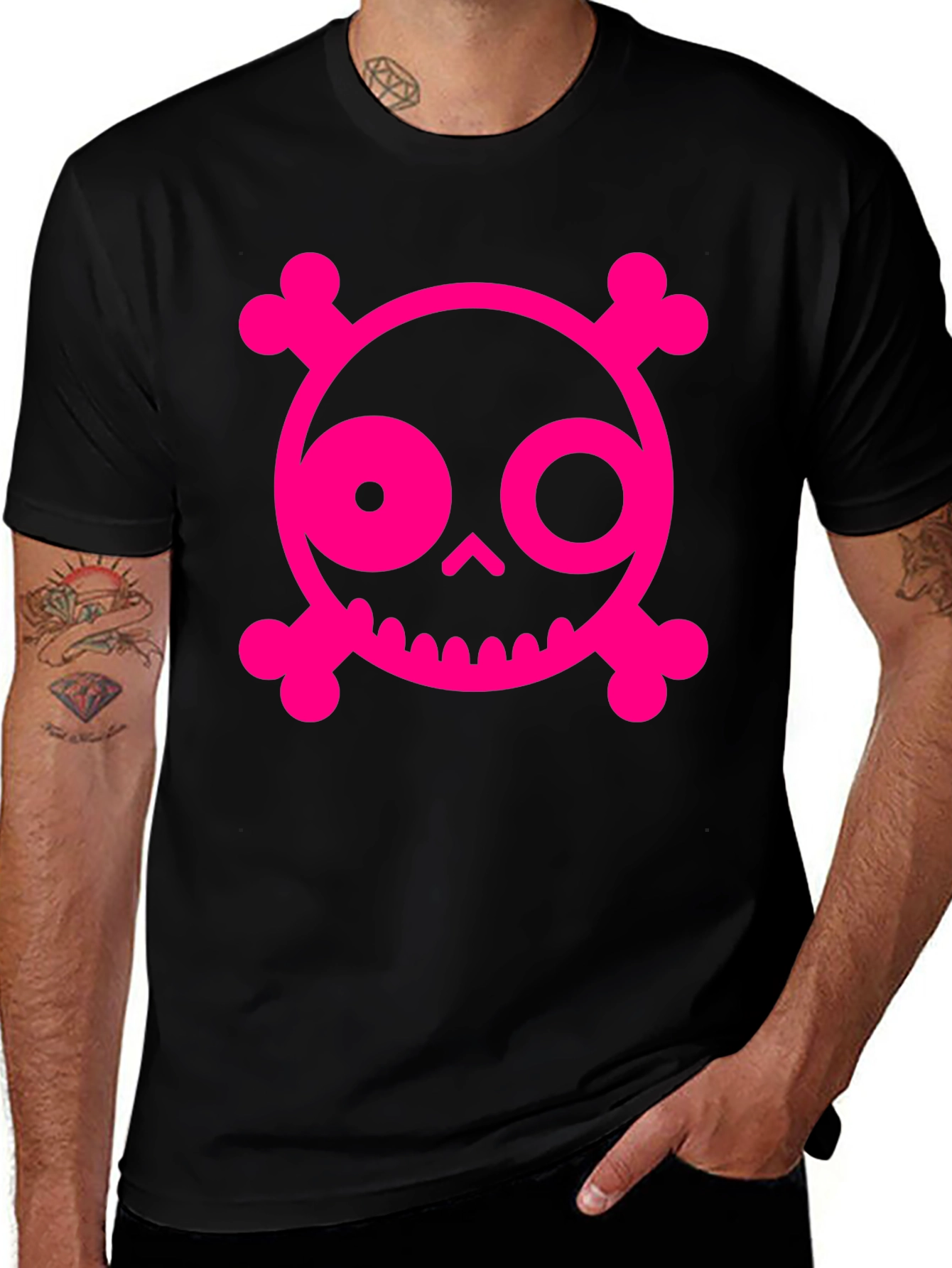 Skull & Crossbones Graphic Tee - Pink on Black