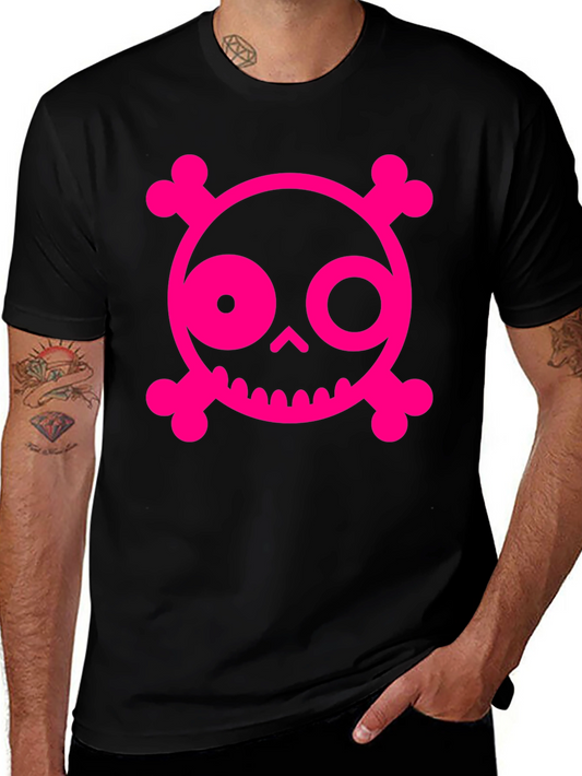 Skull & Crossbones Graphic Tee - Pink on Black