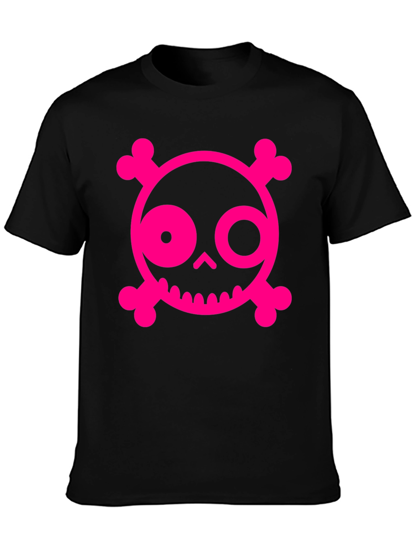 Skull & Crossbones Graphic Tee - Pink on Black