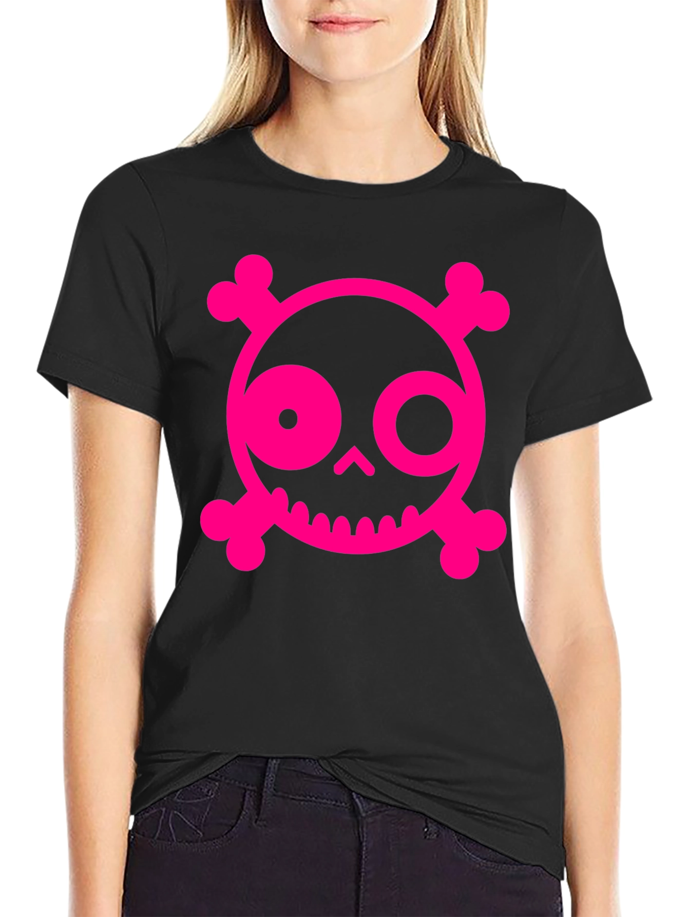 Skull & Crossbones Graphic Tee - Pink on Black