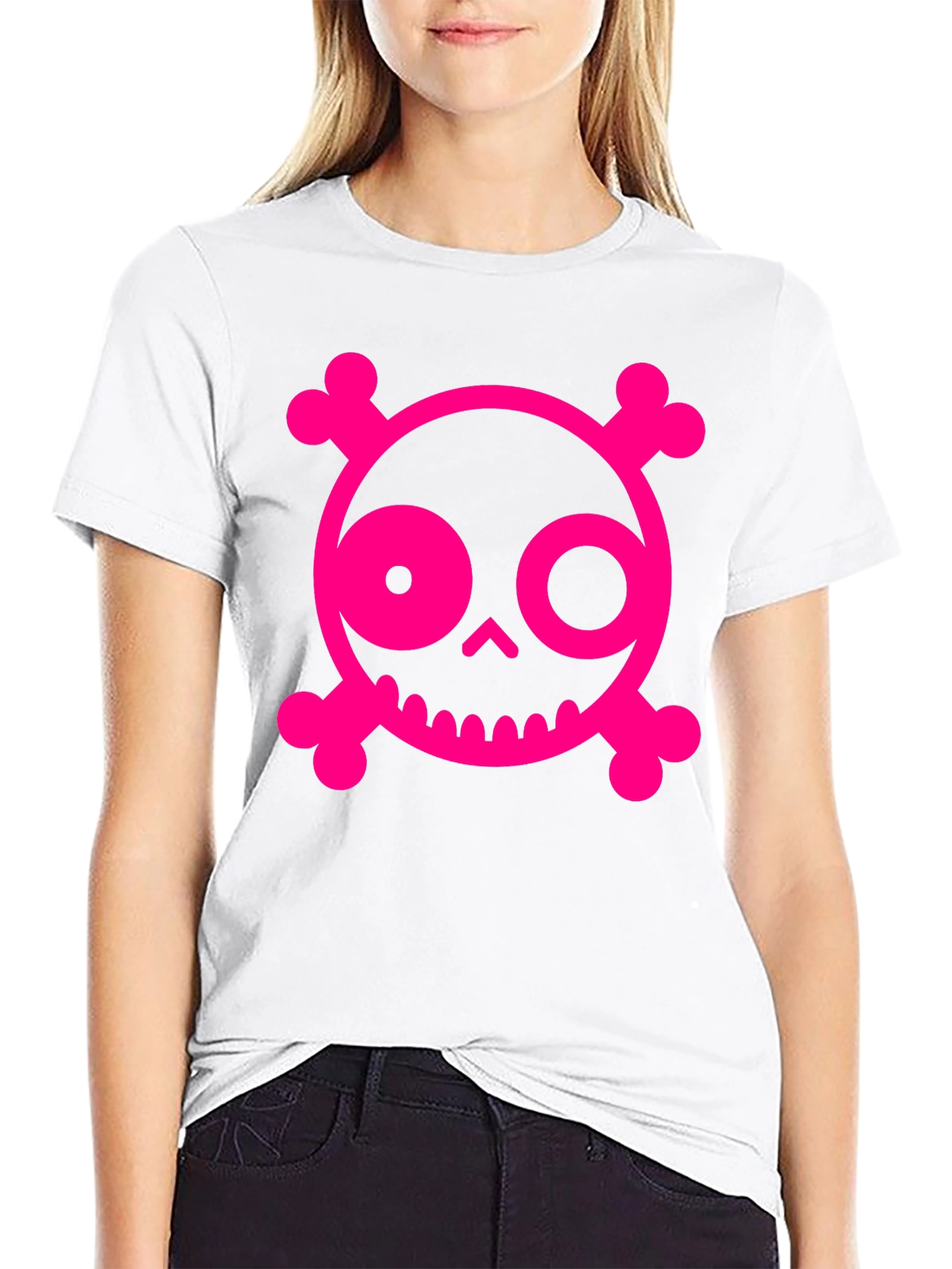 Skull & Crossbones Graphic Tee - Pink on Black