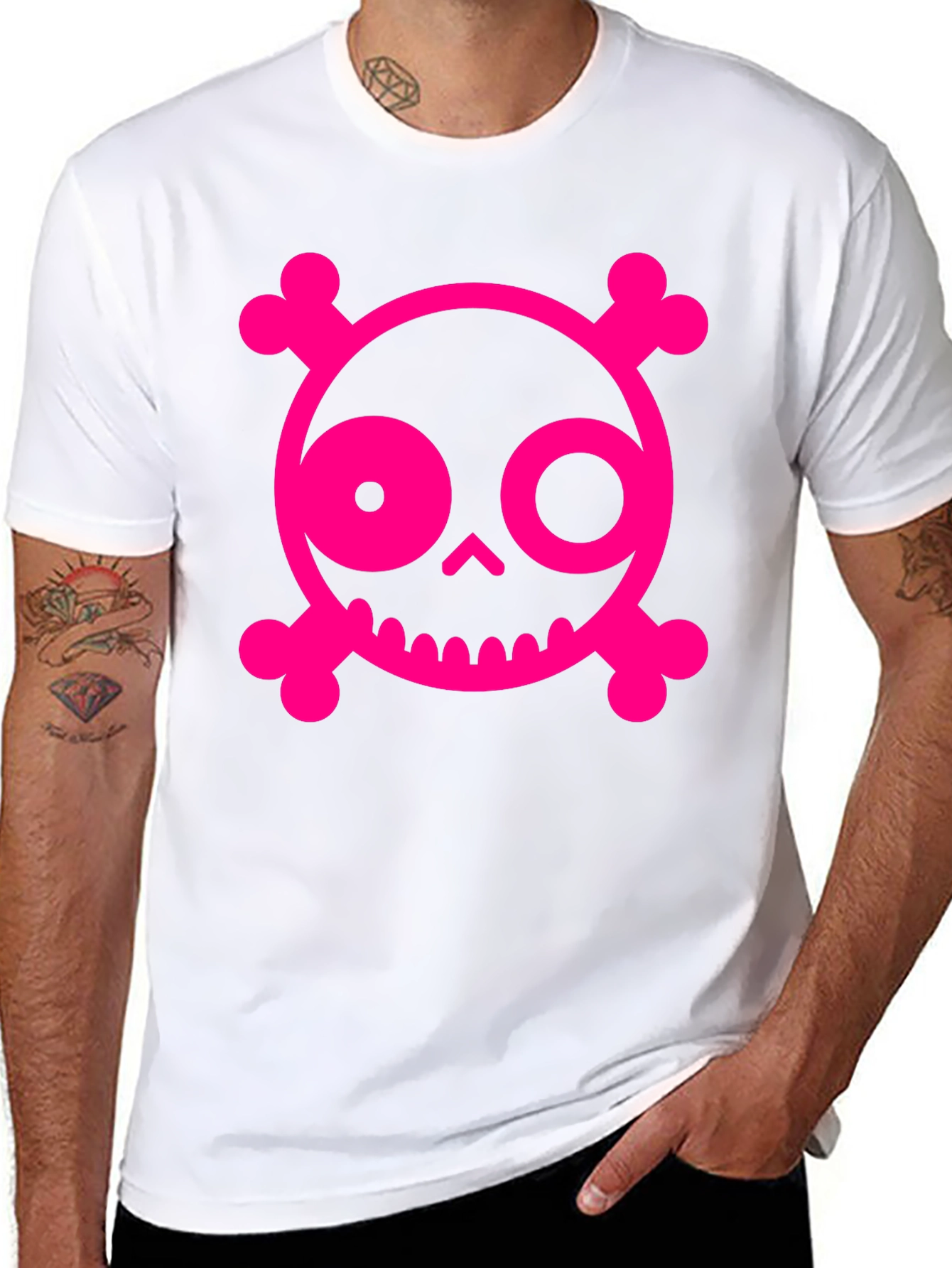 Skull & Crossbones Graphic Tee - Pink on Black