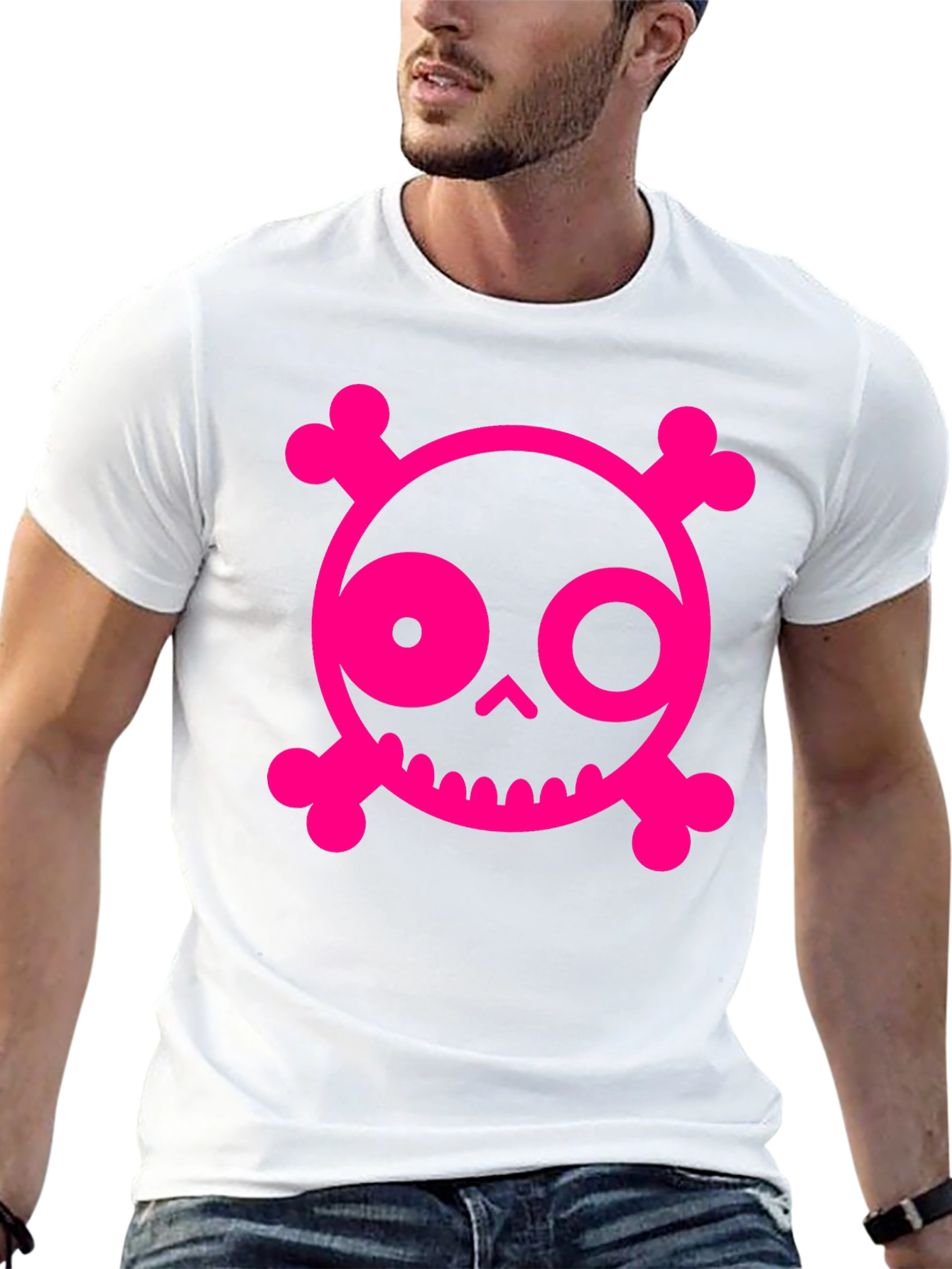 Skull & Crossbones Graphic Tee - Pink on Black