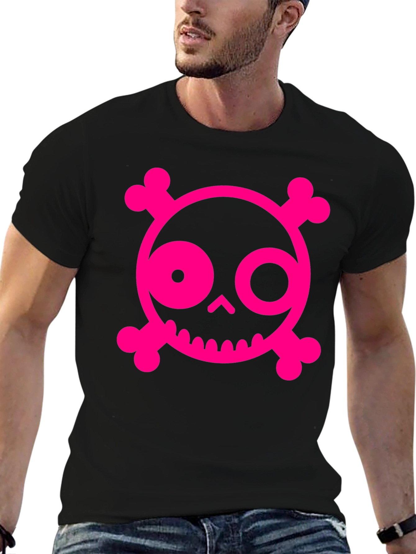 Skull & Crossbones Graphic Tee - Pink on Black