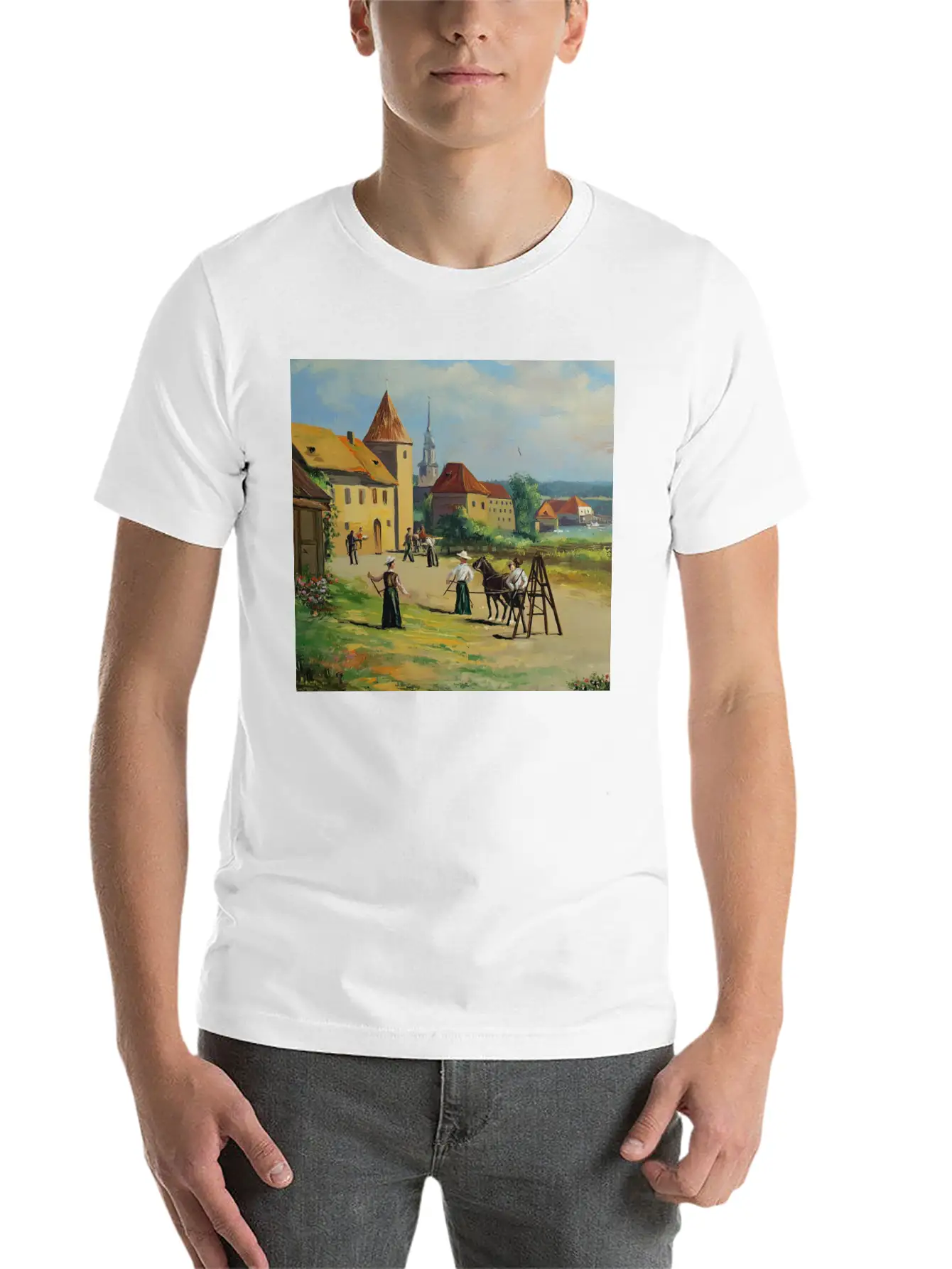 Town Painting Oil Panel Art Soft Cotton Short Sleeve Tee – Unisex Wardrobe Staple