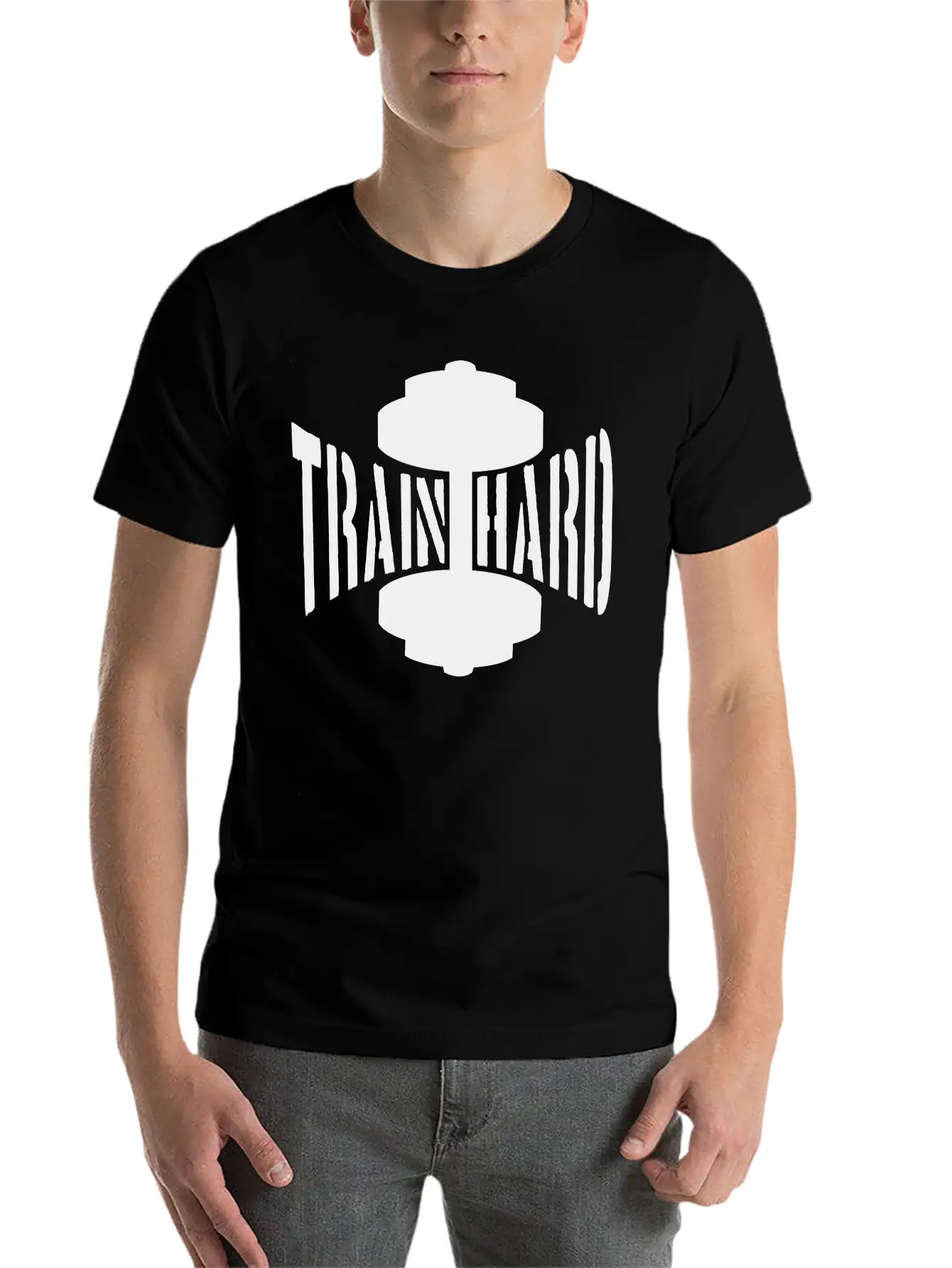 Train Hard Text Dumbbell Exercise Hand Arm Muscles Unisex Casual T-Shirt – Clean Design For Daily Comfort