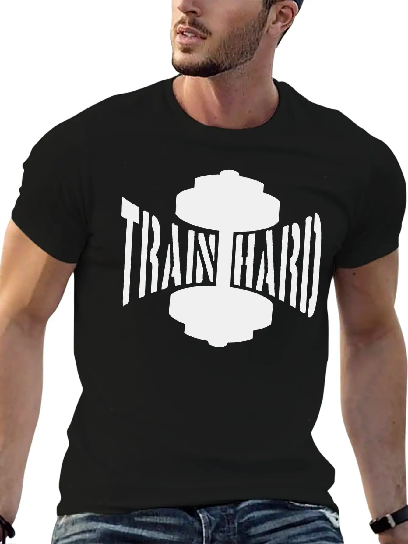 Train Hard Text Dumbbell Exercise Hand Arm Muscles Unisex Casual T-Shirt – Clean Design For Daily Comfort