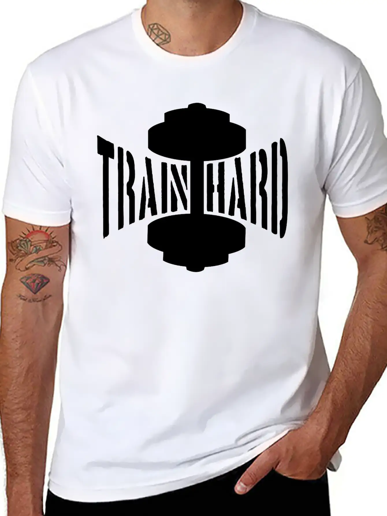 Train Hard Text Dumbbell Exercise Hand Arm Muscles Unisex Casual T-Shirt – Clean Design For Daily Comfort
