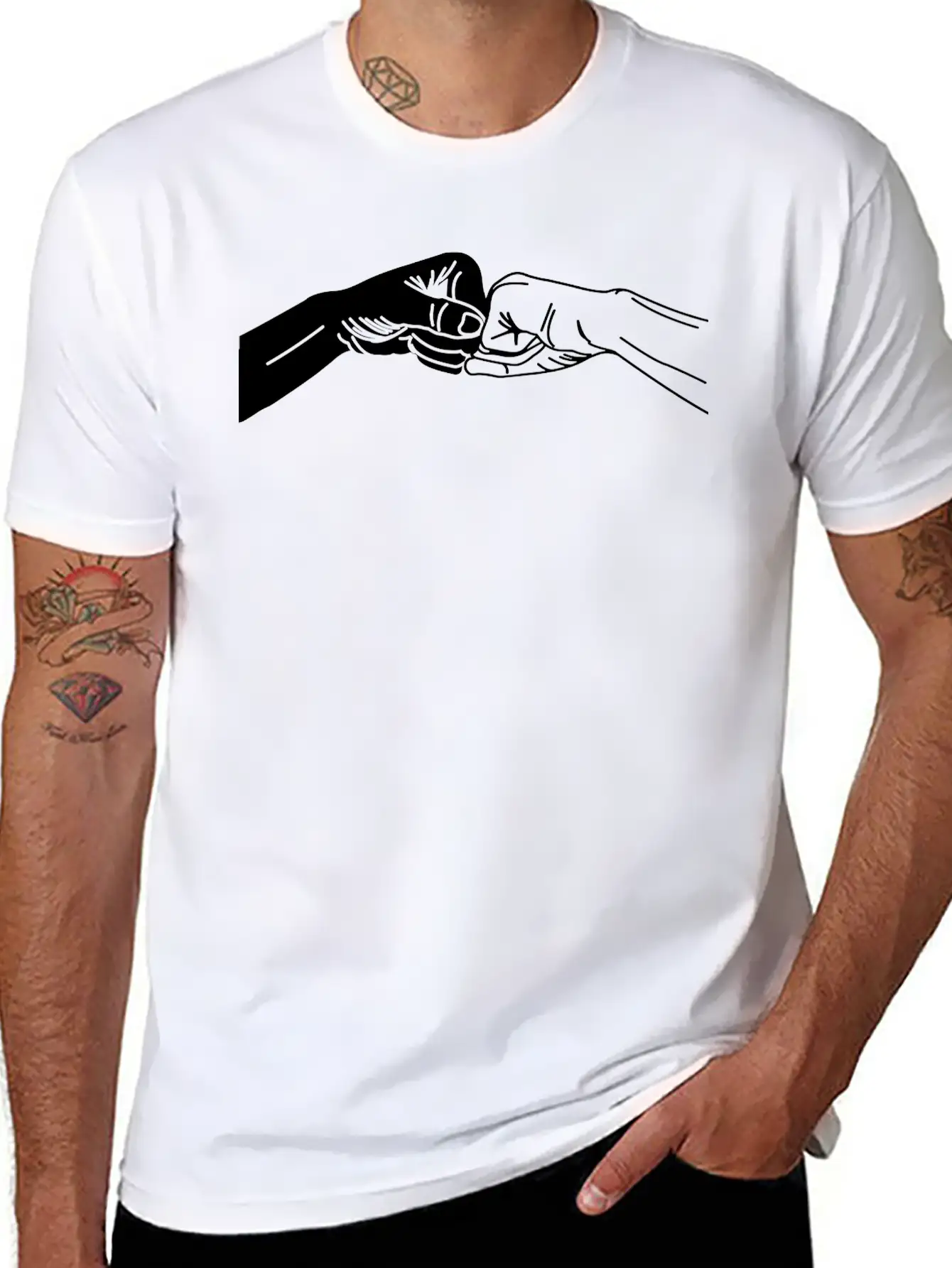 Two Hands With Fist Salute, Fists Black And White Lightweight Cotton T-Shirt – Daily Comfort Graphic Shirt