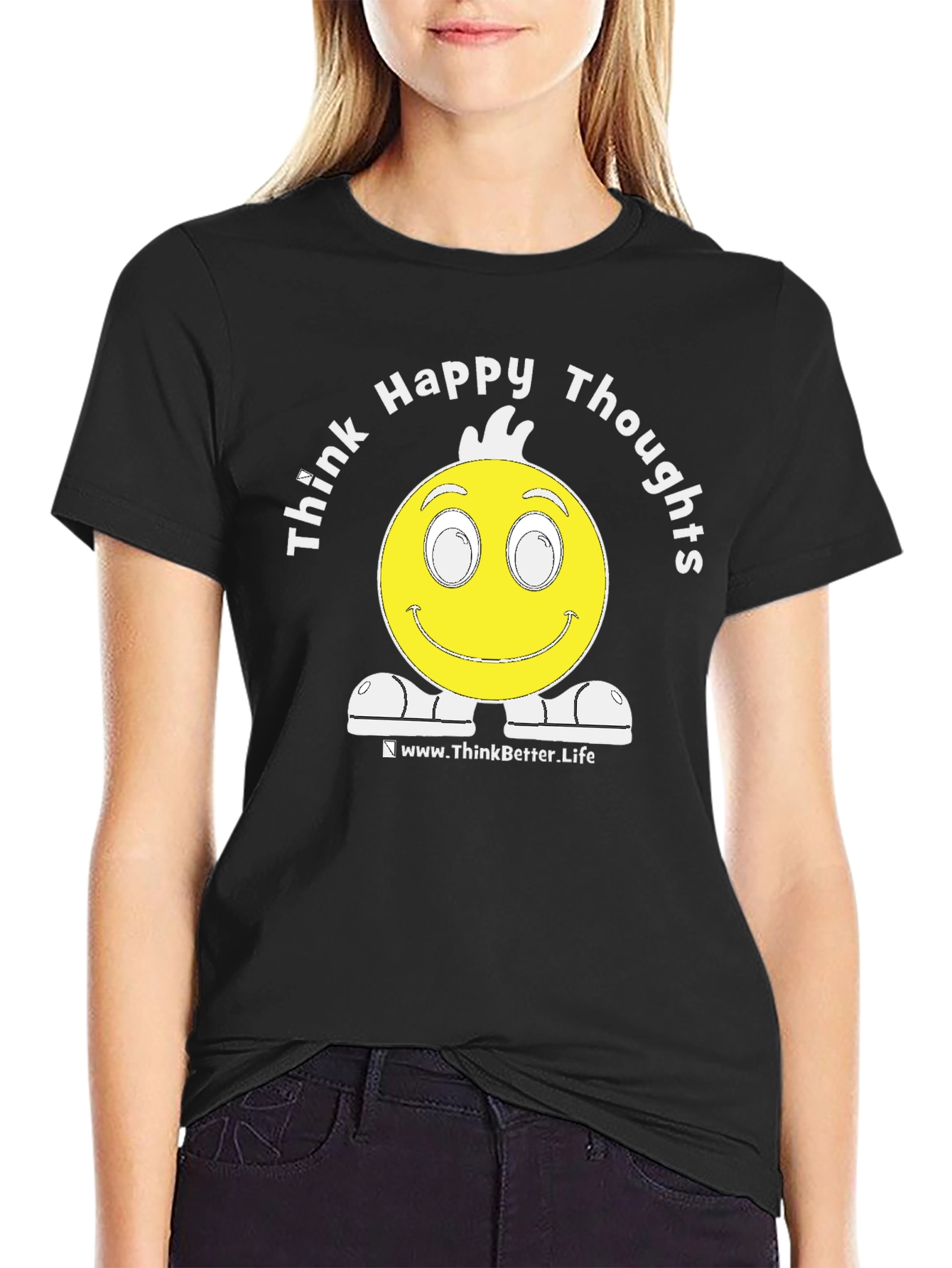 Think Happy Thoughts Black Graphic T-Shirt