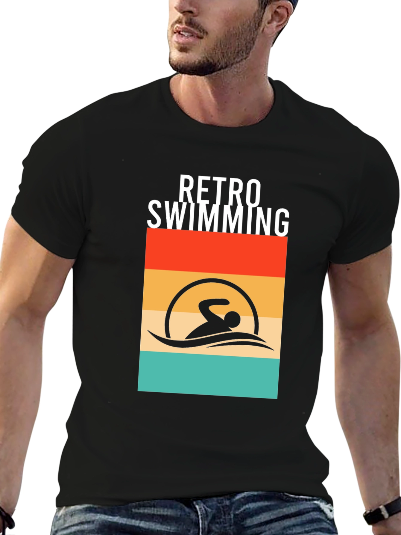 Retro Swimming T-Shirt - Black Cotton Tee