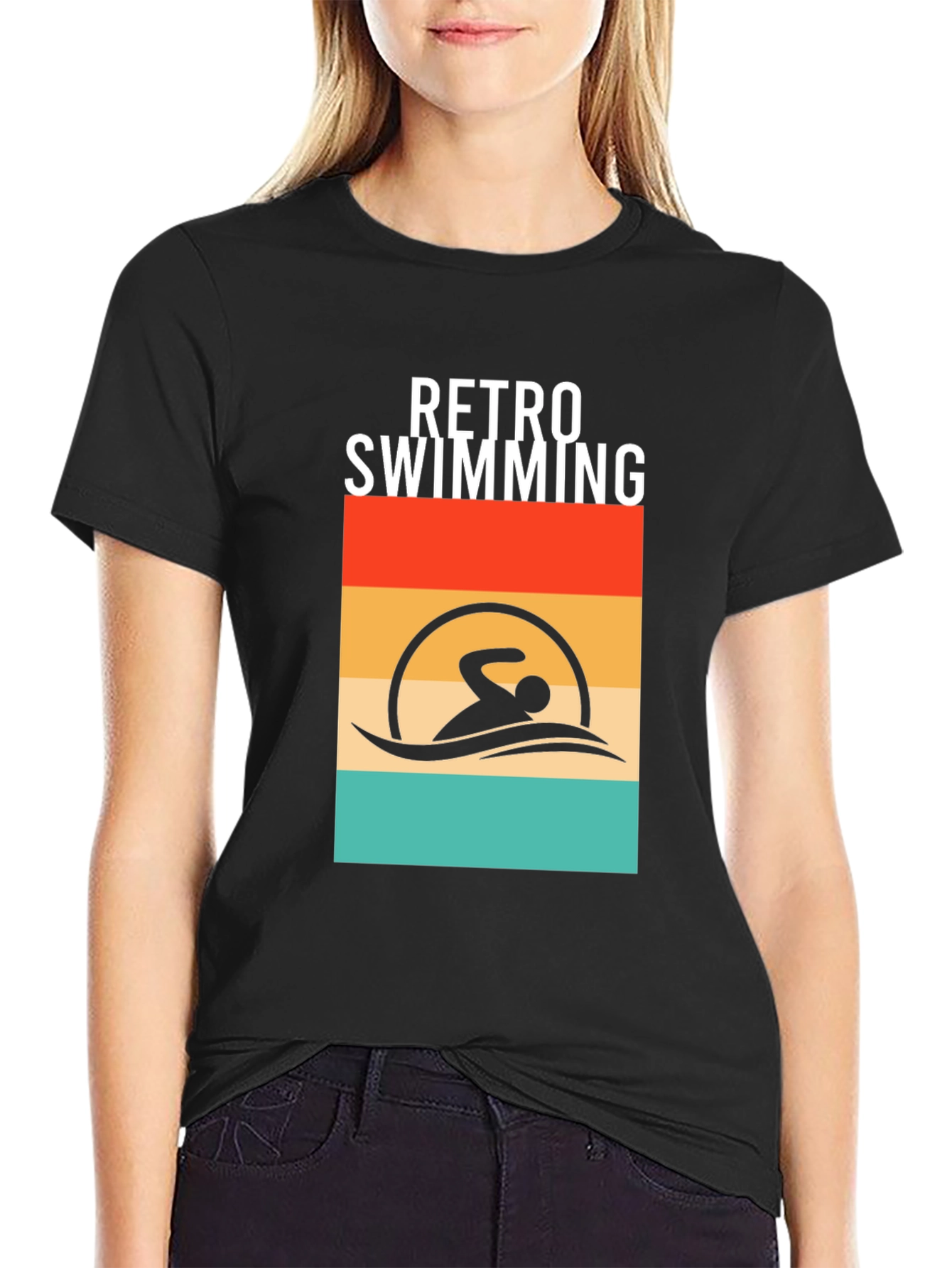 Retro Swimming T-Shirt - Black Cotton Tee